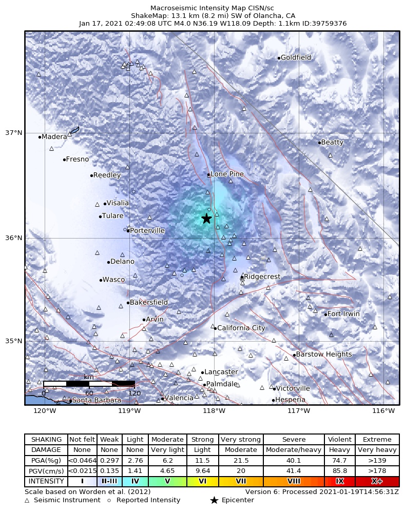 USGS ShakeMap: estimated shaking intensity around the epicenter