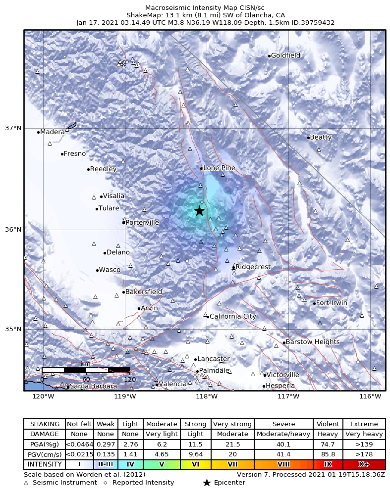 USGS ShakeMap: estimated shaking intensity around the epicenter