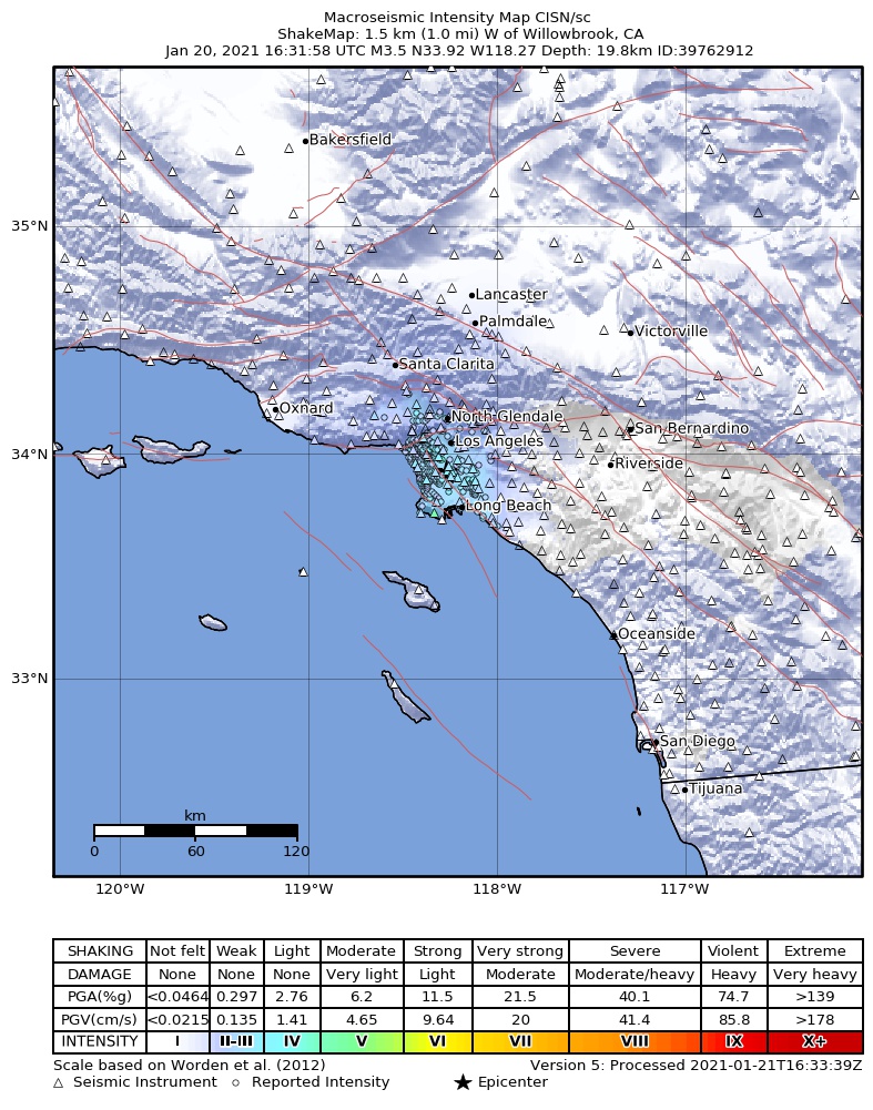 USGS ShakeMap: estimated shaking intensity around the epicenter
