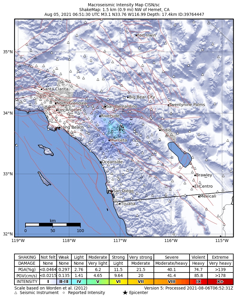 USGS ShakeMap: estimated shaking intensity around the epicenter