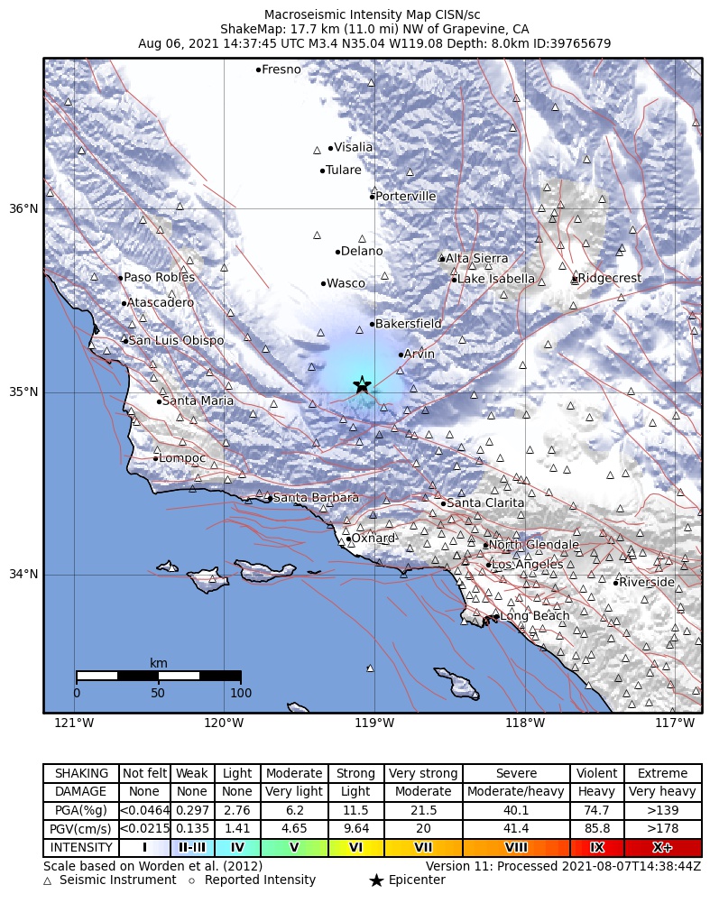 USGS ShakeMap: estimated shaking intensity around the epicenter