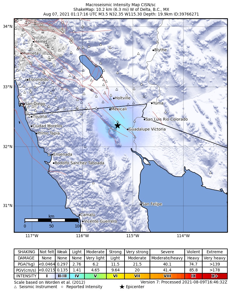 USGS ShakeMap: estimated shaking intensity around the epicenter