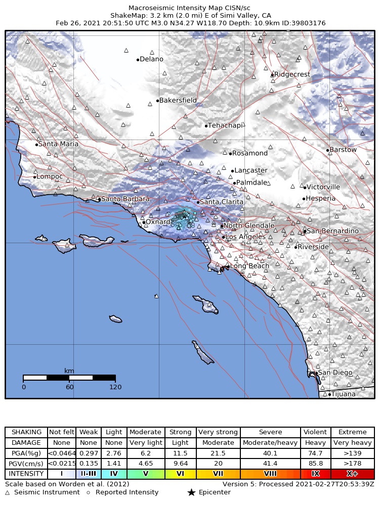USGS ShakeMap intensity contours for the M3.0 earthquake near 3km E of Simi Valley, CA