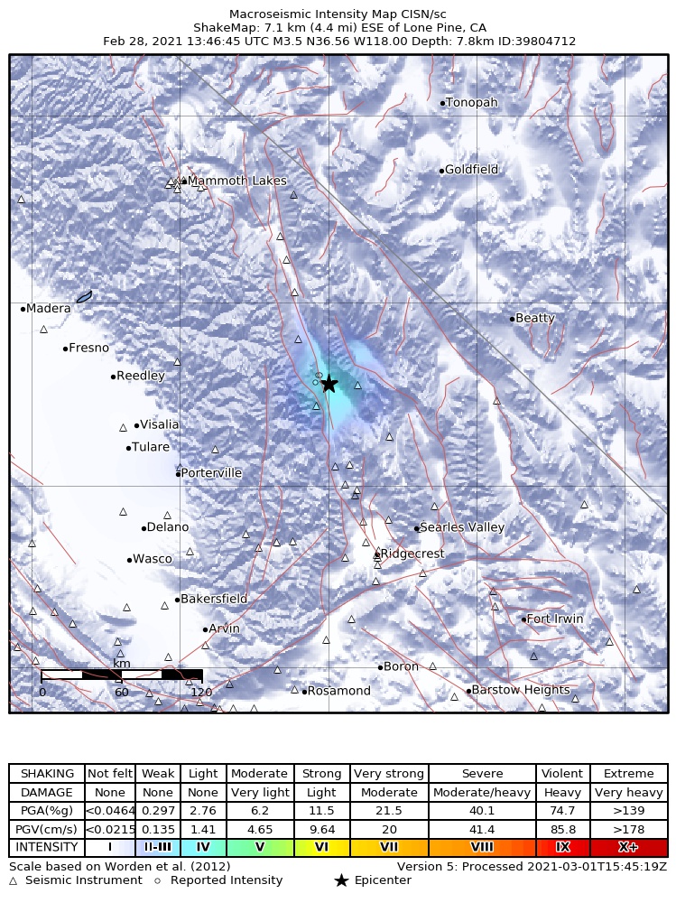 USGS ShakeMap: estimated shaking intensity around the epicenter