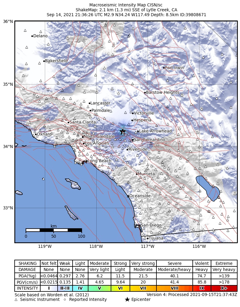 USGS ShakeMap intensity contours for the M2.9 earthquake near 2km SSE of Lytle Creek, CA