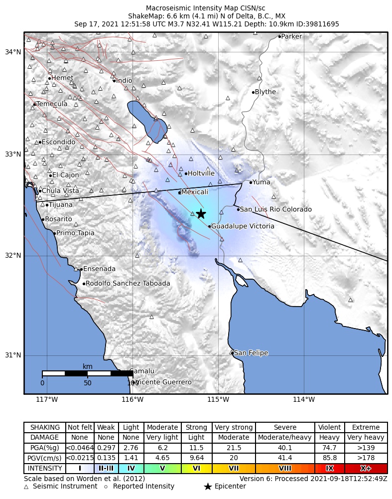 USGS ShakeMap: estimated shaking intensity around the epicenter