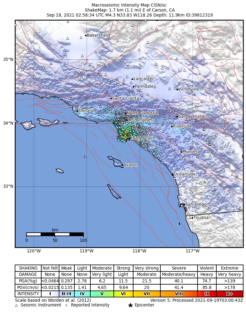 USGS ShakeMap: estimated shaking intensity around the epicenter