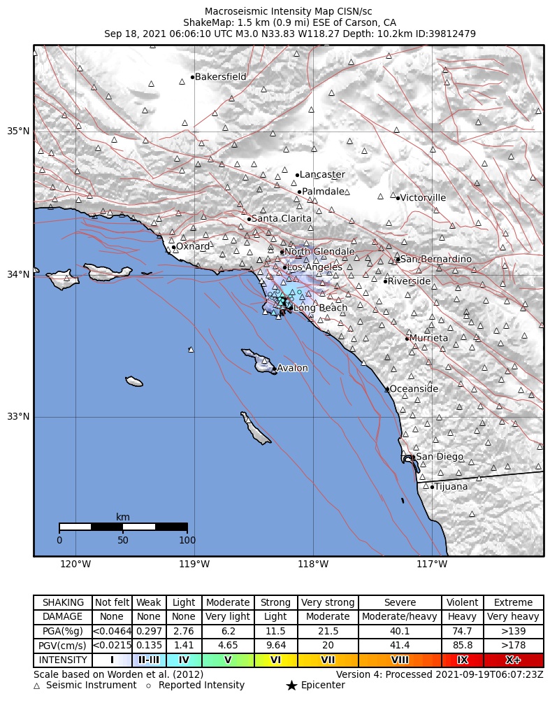 USGS ShakeMap: estimated shaking intensity around the epicenter