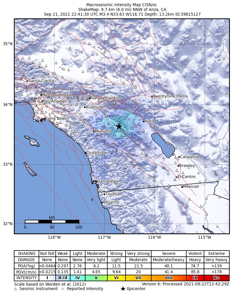 USGS ShakeMap intensity contours for the M3.4 earthquake near 10km NNW of Anza, CA