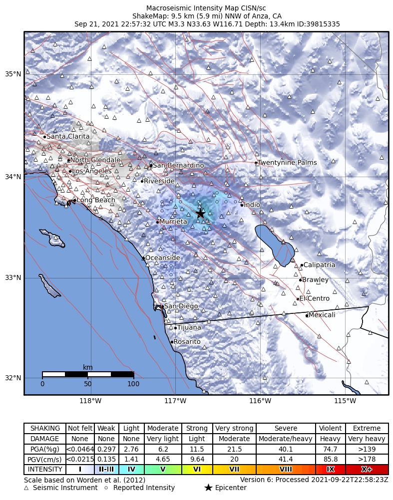 USGS ShakeMap intensity contours for the M3.3 earthquake near 10km NNW of Anza, CA