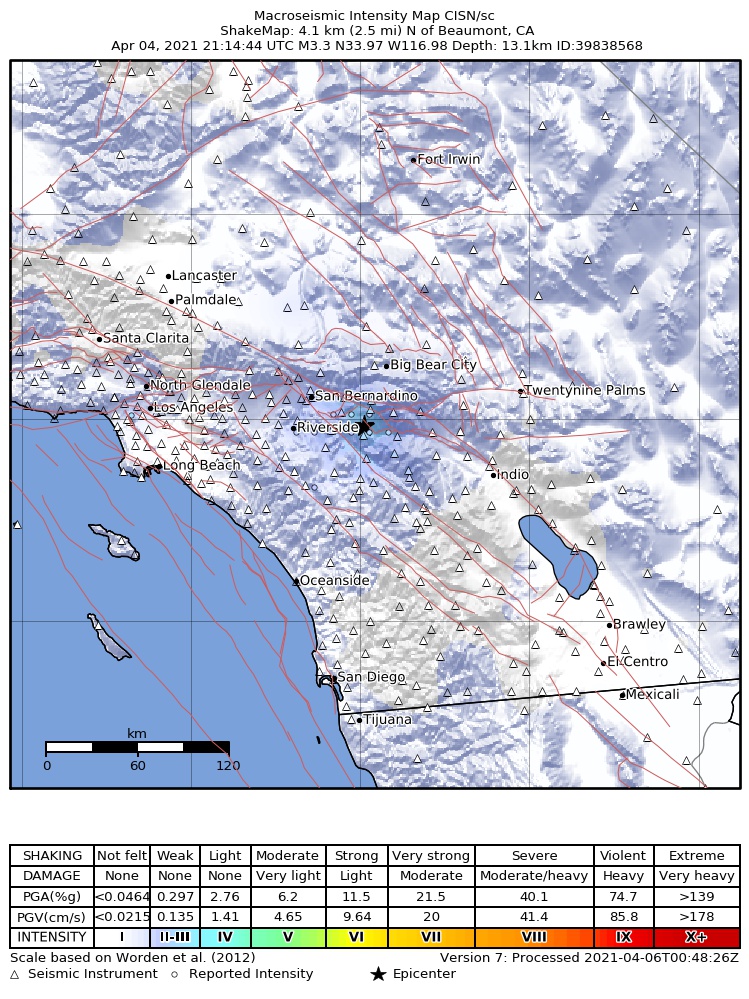 USGS ShakeMap intensity contours for the M3.3 earthquake near 4km N of Beaumont, CA