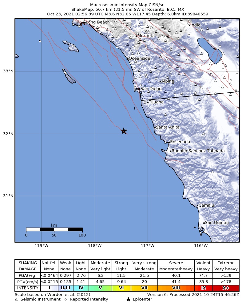 USGS ShakeMap: estimated shaking intensity around the epicenter