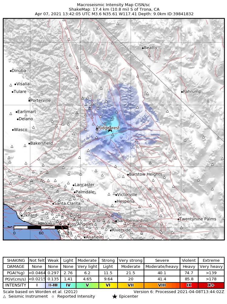 USGS ShakeMap: estimated shaking intensity around the epicenter