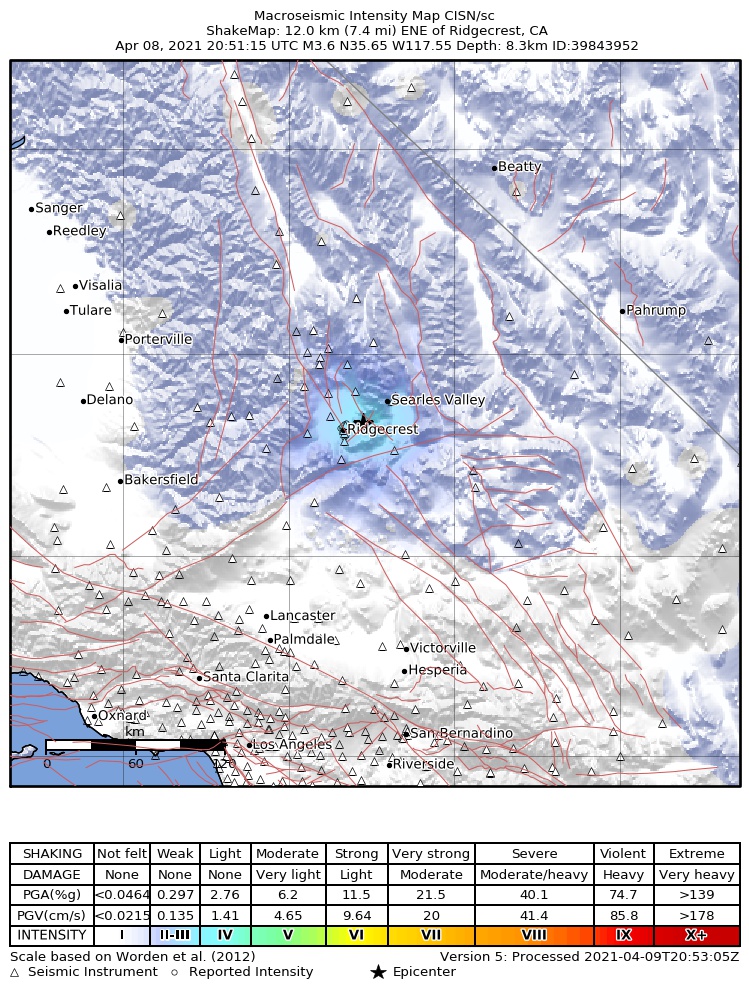 USGS ShakeMap intensity contours for the M3.6 earthquake near 12km ENE of Ridgecrest, CA