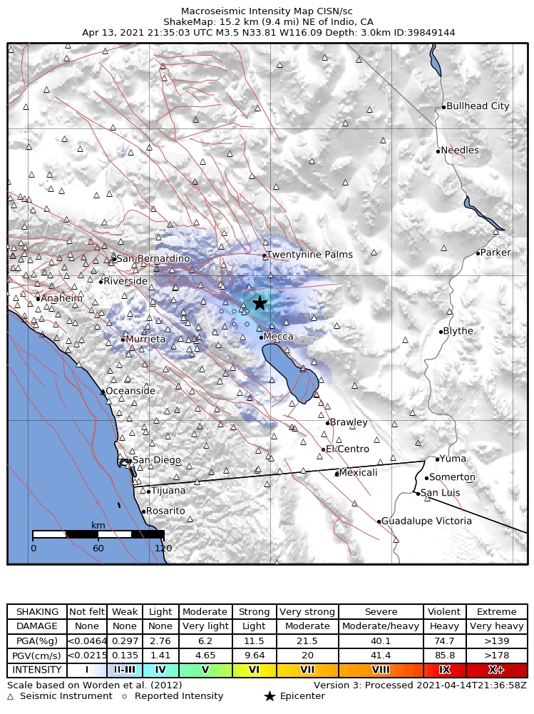 USGS ShakeMap intensity contours for the M3.5 earthquake near 15km NE of Indio, CA