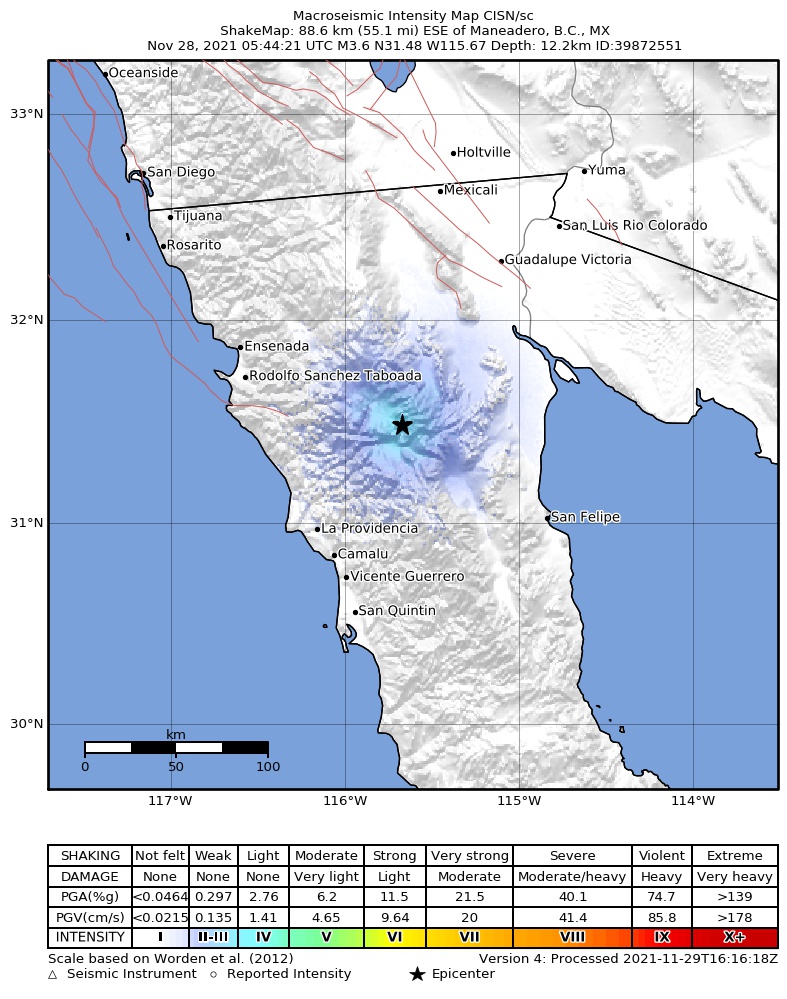 USGS ShakeMap: estimated shaking intensity around the epicenter