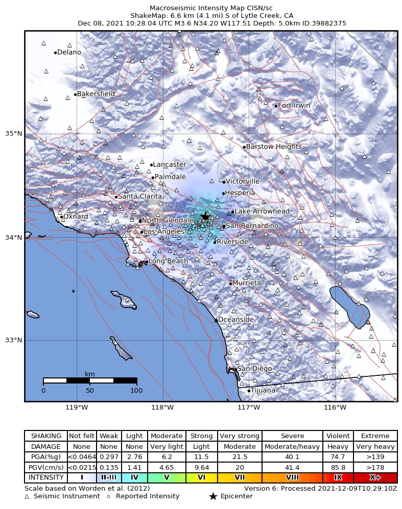 USGS ShakeMap: estimated shaking intensity around the epicenter