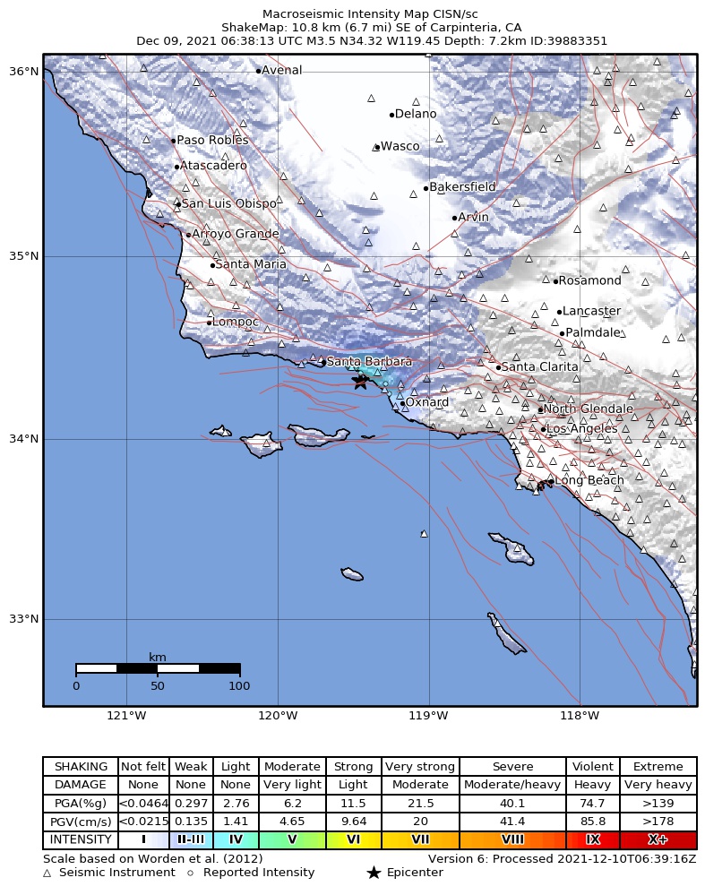 USGS ShakeMap: estimated shaking intensity around the epicenter