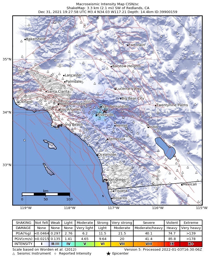 USGS ShakeMap intensity contours for the M3.4 earthquake near 3km SW of Redlands, CA