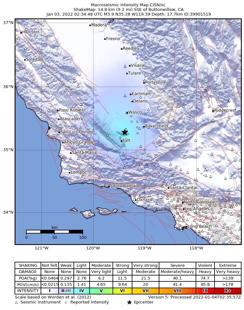 USGS ShakeMap: estimated shaking intensity around the epicenter