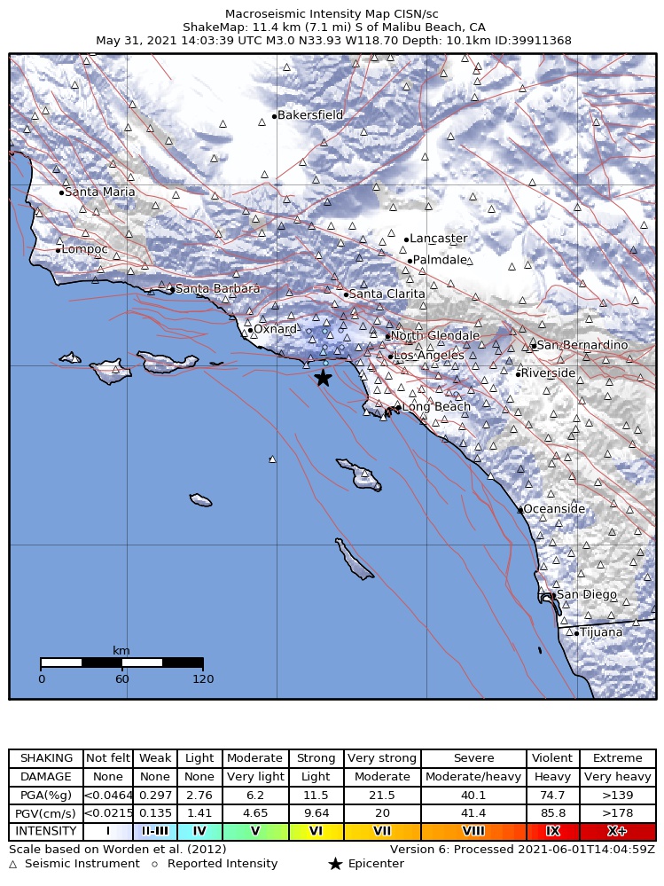 USGS ShakeMap: estimated shaking intensity around the epicenter