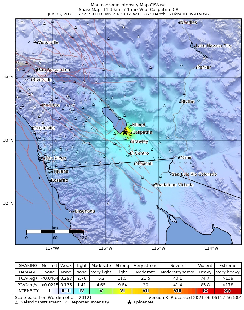 USGS ShakeMap intensity contours for the M5.3 earthquake near 11km W of Calipatria, CA