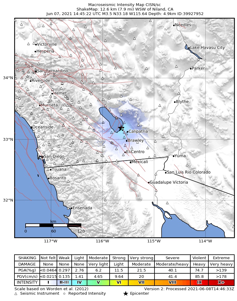 USGS ShakeMap: estimated shaking intensity around the epicenter
