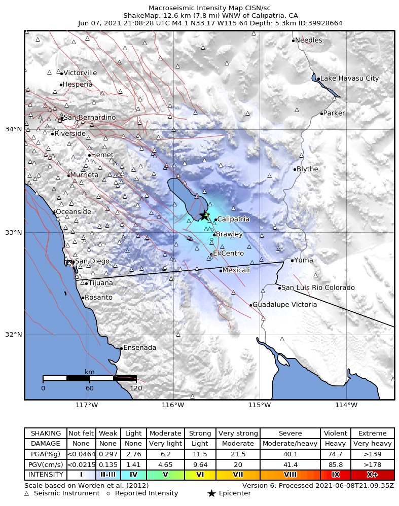 USGS ShakeMap intensity contours for the M4.1 earthquake near 13km WNW of Calipatria, CA