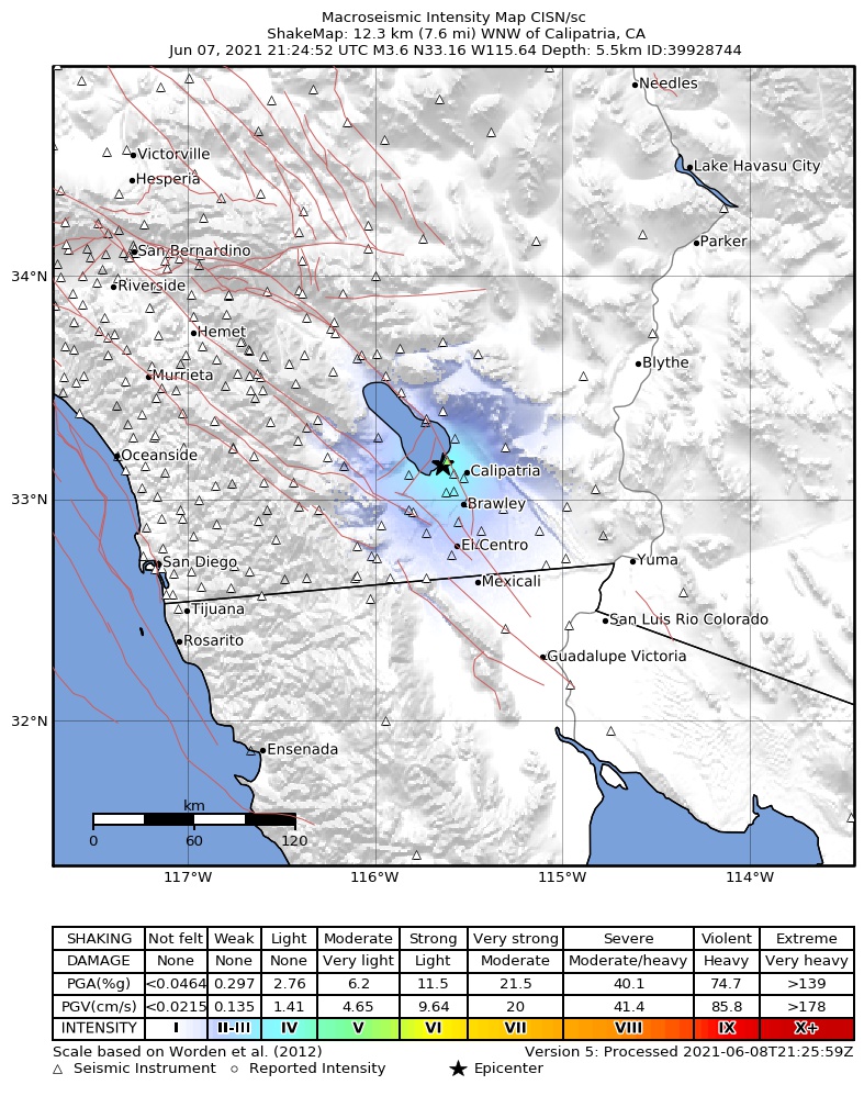 USGS ShakeMap intensity contours for the M3.6 earthquake near 12km WNW of Calipatria, CA