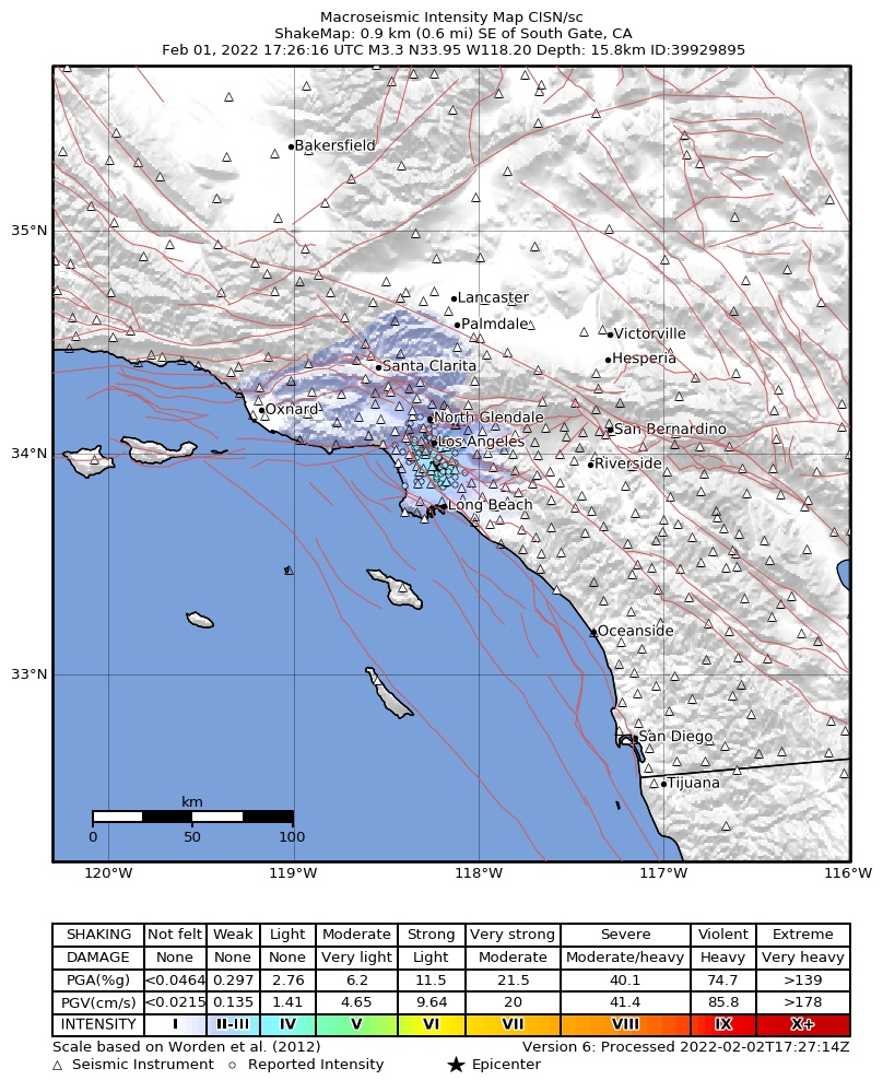 USGS ShakeMap intensity contours for the M3.3 earthquake near 1km SE of South Gate, CA