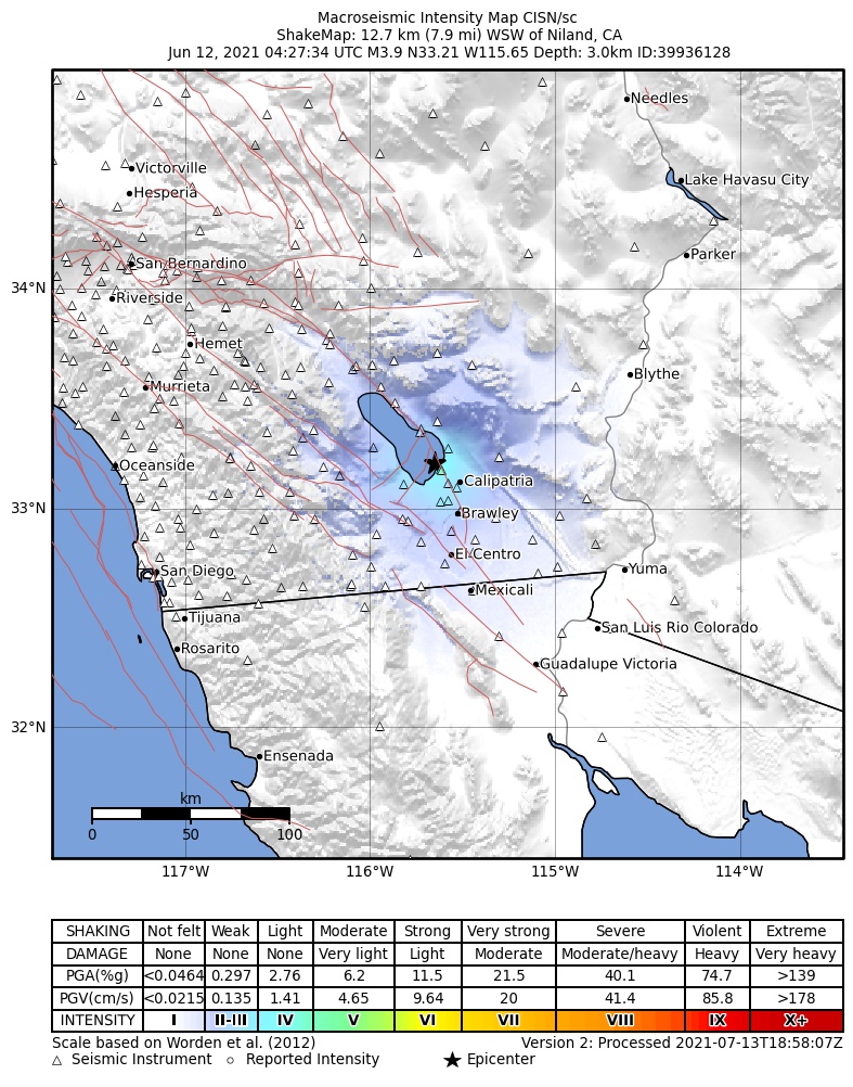USGS ShakeMap: estimated shaking intensity around the epicenter