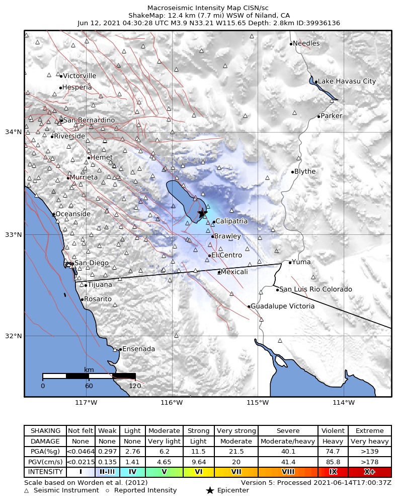 USGS ShakeMap: estimated shaking intensity around the epicenter