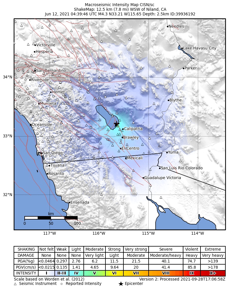 USGS ShakeMap: estimated shaking intensity around the epicenter
