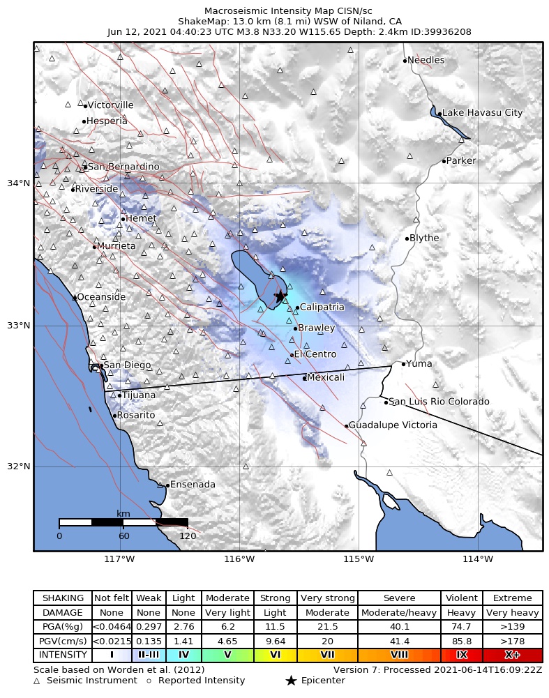USGS ShakeMap: estimated shaking intensity around the epicenter