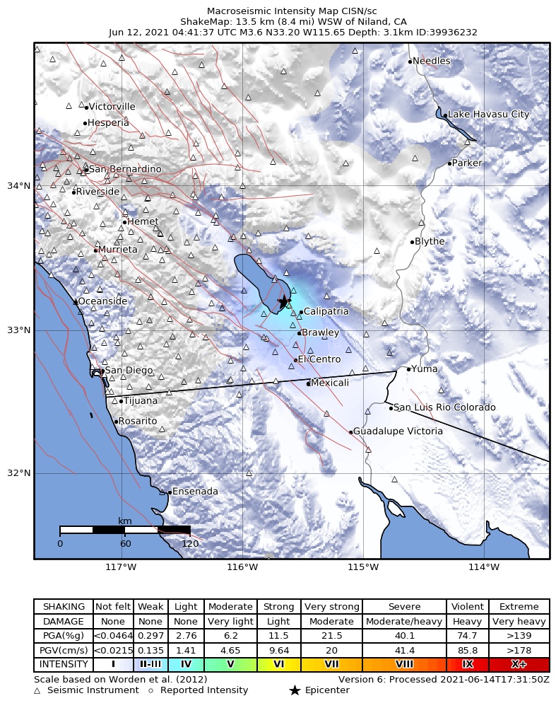 USGS ShakeMap: estimated shaking intensity around the epicenter