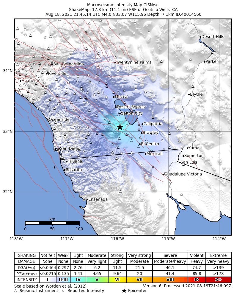 USGS ShakeMap intensity contours for the M4.0 earthquake near 18km ESE of Ocotillo Wells, CA