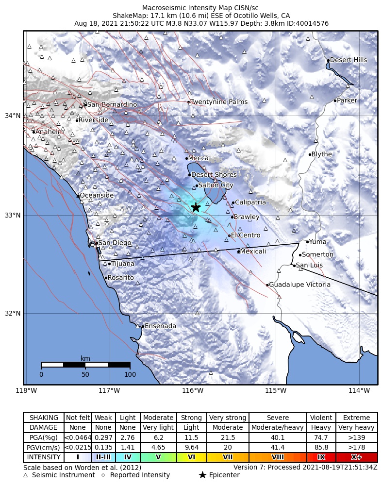 USGS ShakeMap intensity contours for the M3.8 earthquake near 17km ESE of Ocotillo Wells, CA