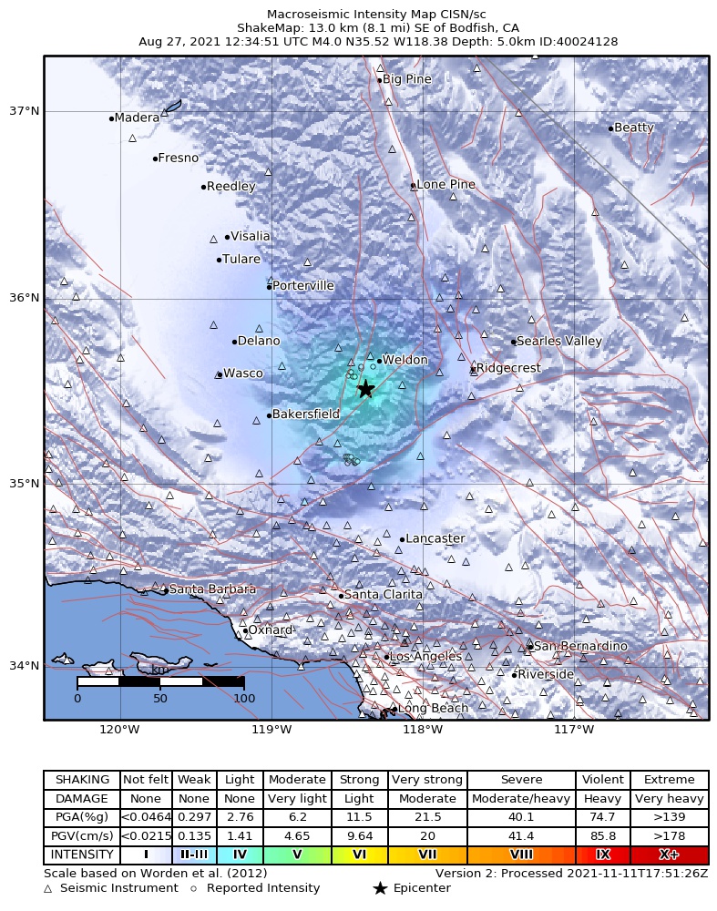 USGS ShakeMap: estimated shaking intensity around the epicenter