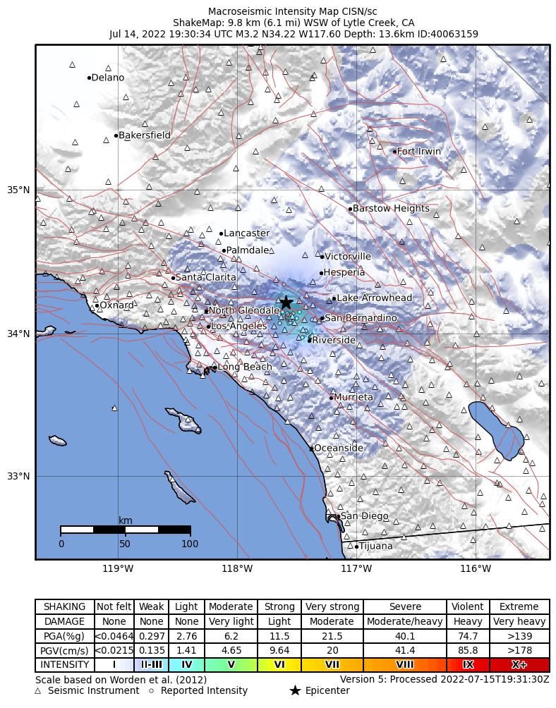 USGS ShakeMap intensity contours for the M3.3 earthquake near 10km WSW of Lytle Creek, CA