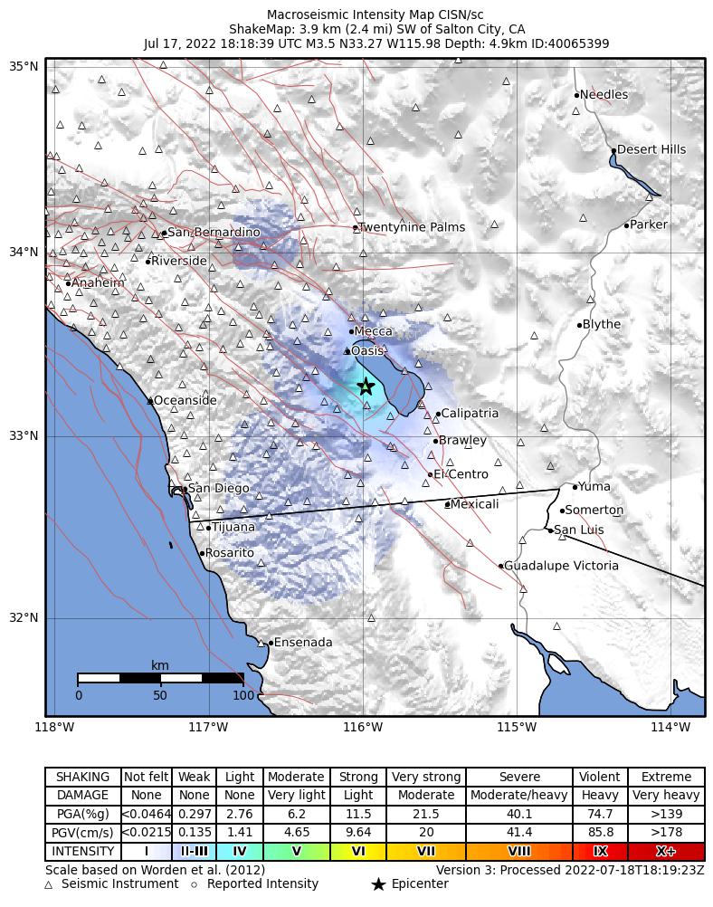 USGS ShakeMap intensity contours for the M3.5 earthquake near 4km SW of Salton City, CA