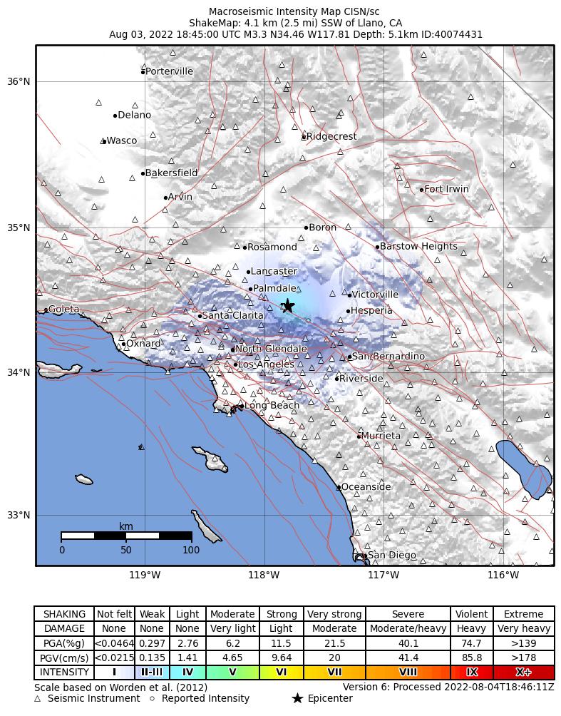 USGS ShakeMap intensity contours for the M3.3 earthquake near 4km SSW of Llano, CA