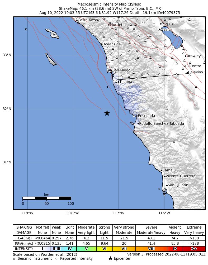 USGS ShakeMap intensity contours for the M3.6 earthquake near 46km SW of Primo Tapia, B.C., MX