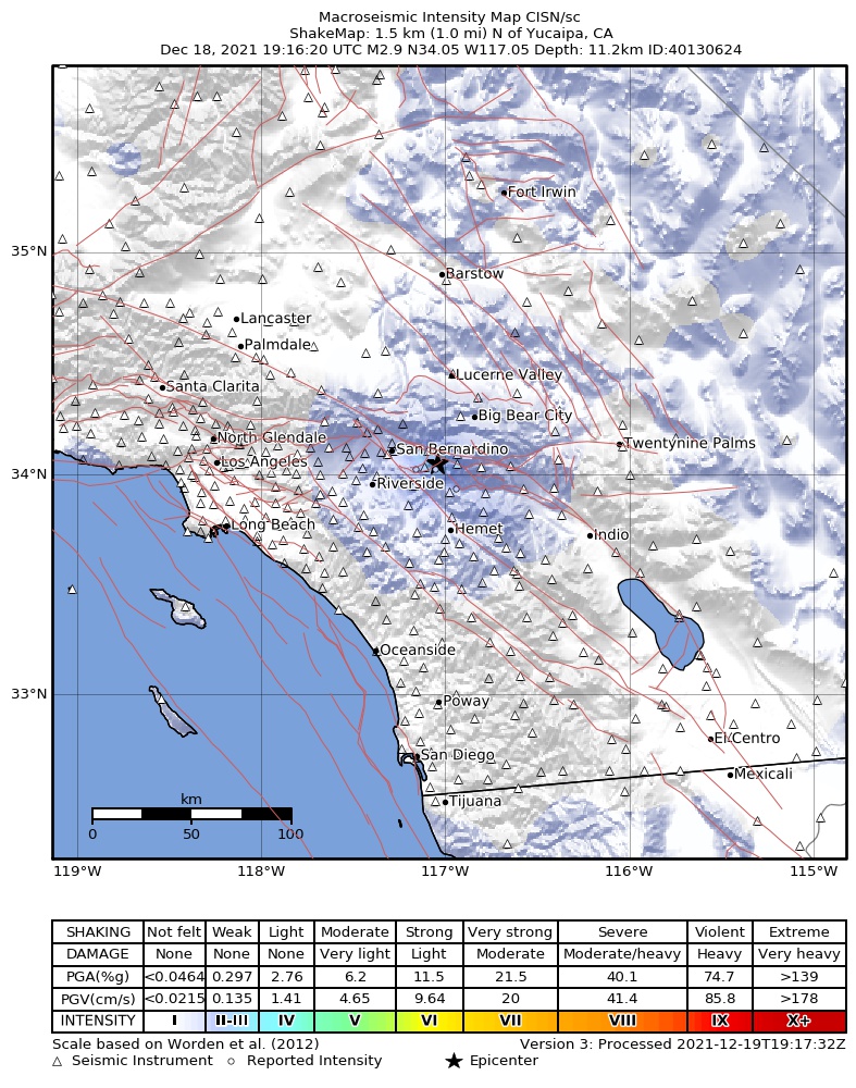 USGS ShakeMap intensity contours for the M2.9 earthquake near 2km N of Yucaipa, CA