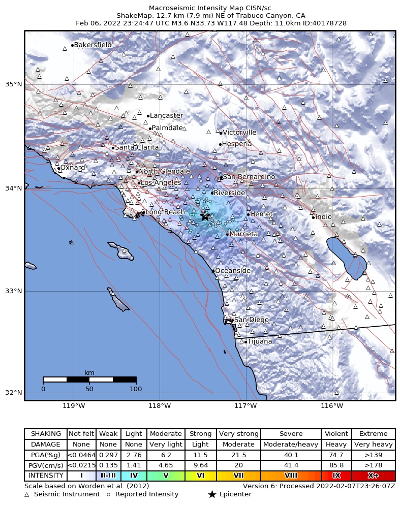 USGS ShakeMap intensity contours for the M3.6 earthquake near 13km NE of Trabuco Canyon, CA