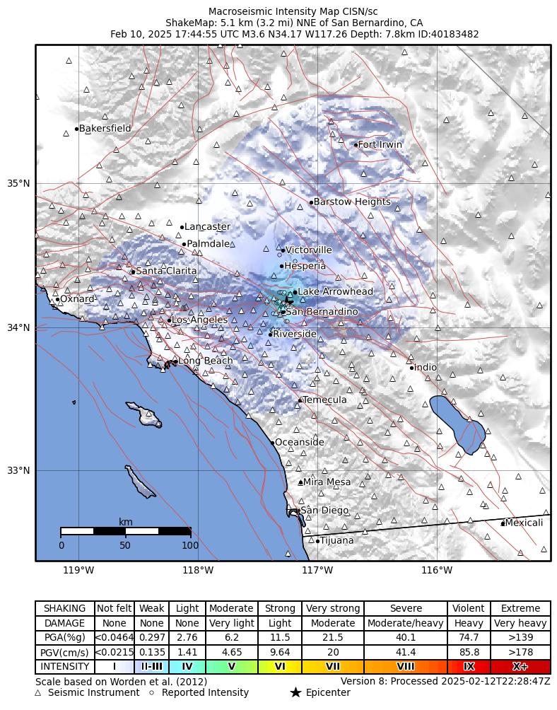 USGS ShakeMap intensity contours for the M3.6 earthquake near 5 km NNE of San Bernardino, CA