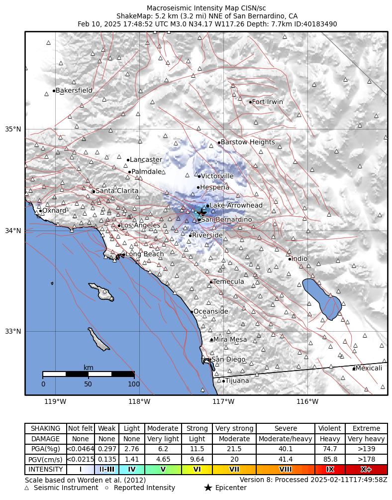 USGS ShakeMap intensity contours for the M3.0 earthquake near 5 km NNE of San Bernardino, CA