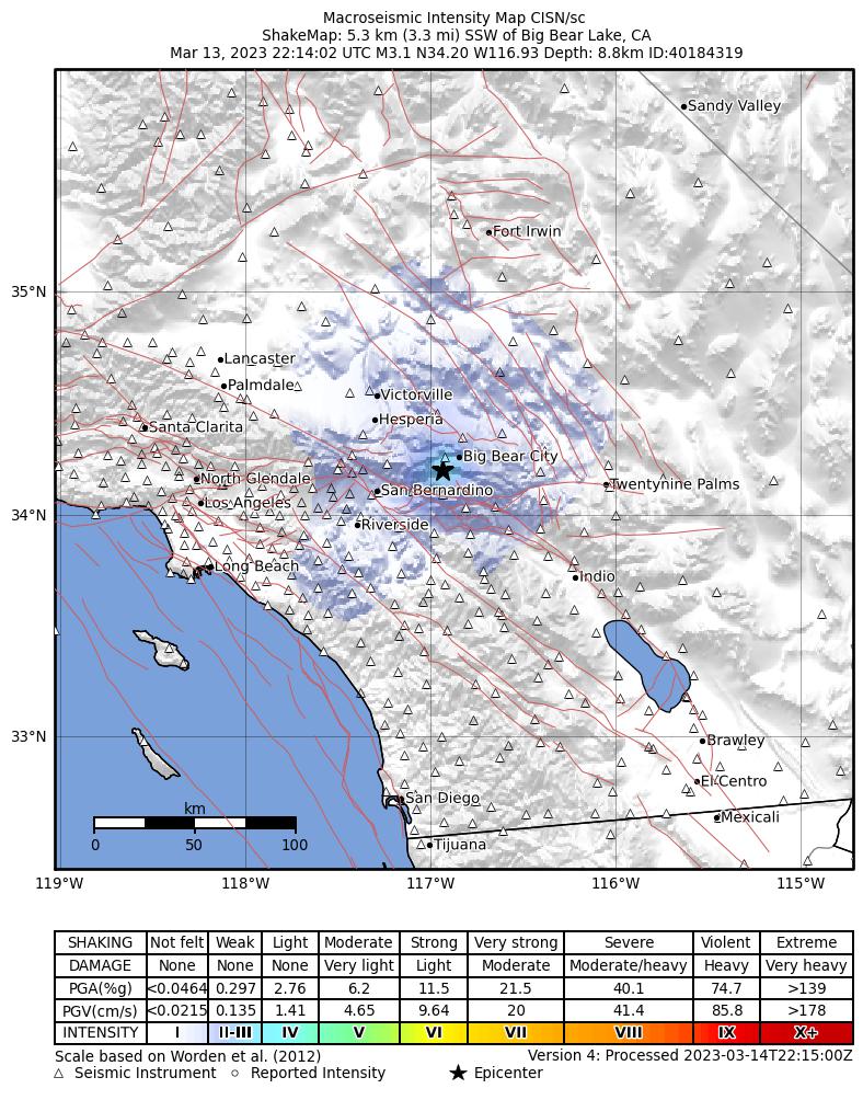 USGS ShakeMap intensity contours for the M3.1 earthquake near 5km SSW of Big Bear Lake, CA