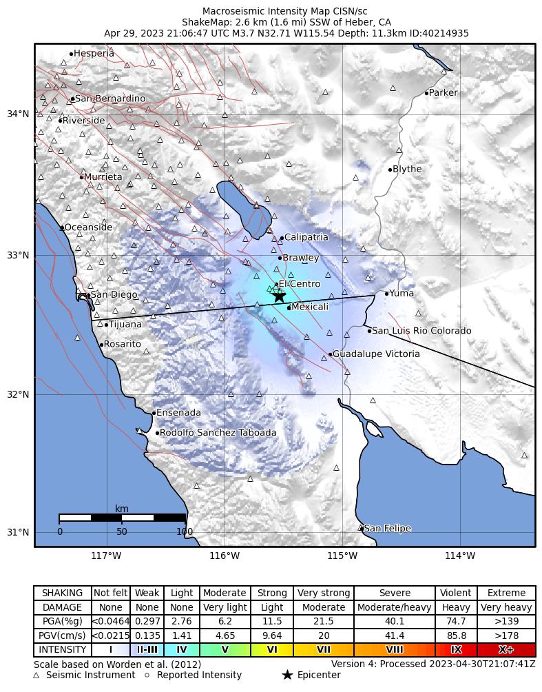 USGS ShakeMap intensity contours for the M3.7 earthquake near 3km SSW of Heber, CA