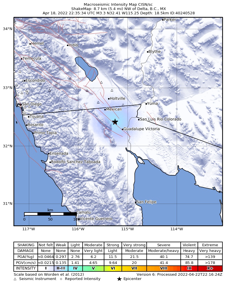 USGS ShakeMap intensity contours for the M3.3 earthquake near 9km NW of Delta, B.C., MX