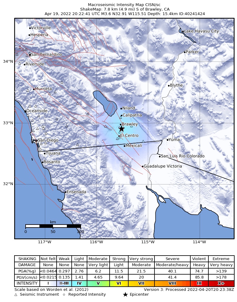 USGS ShakeMap intensity contours for the M3.6 earthquake near 8km S of Brawley, CA